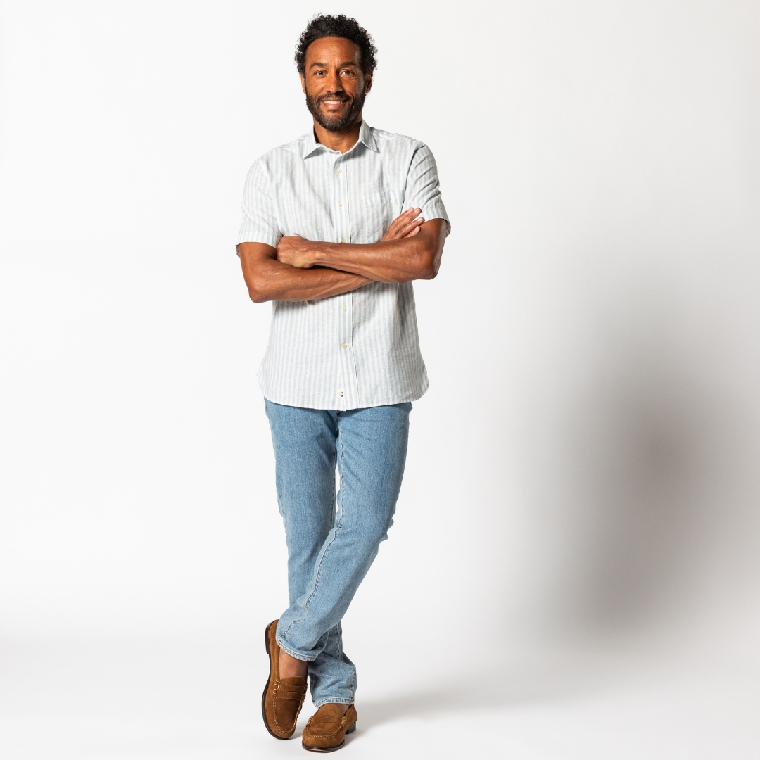 Duck Head Linen Cotton Oxford Sport Shirt Baxter Stripe - Sky Blue