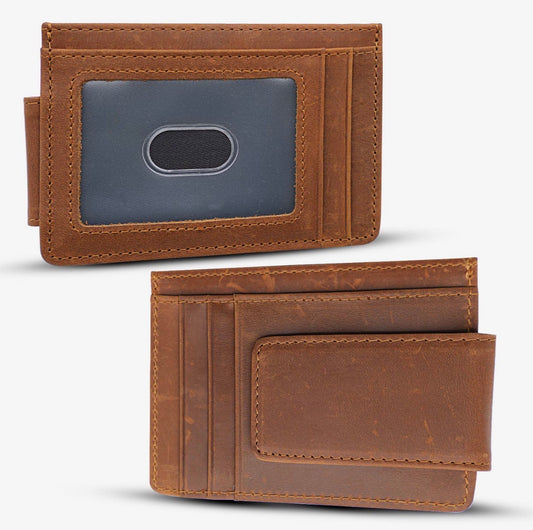 Leather Wallet with Magnet Clip- Brown