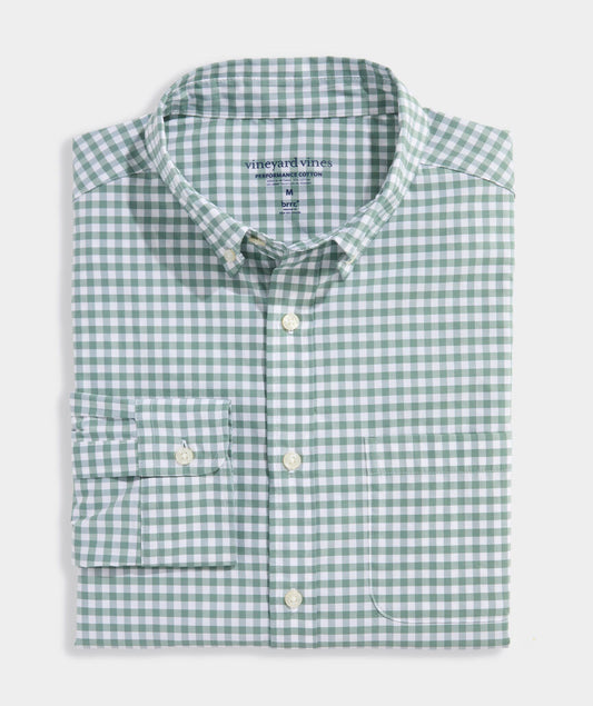 Vineyard Vines Performance Cotton Skysail Gingham Shirt (Olive Dusk)