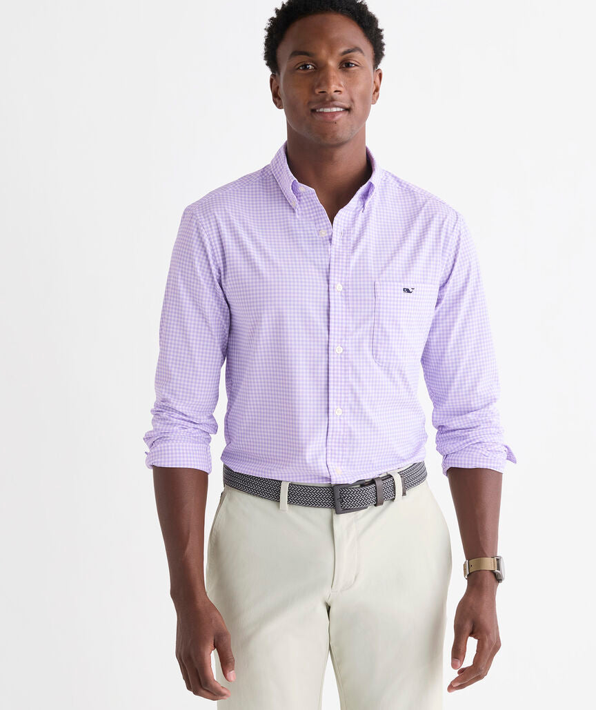 Vineyard Vines Coral Reef Featherweight Performance Gingham Shirt (Lavender Sky)