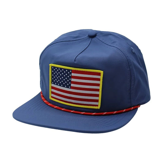 Blue cap with American flag patch on a white background