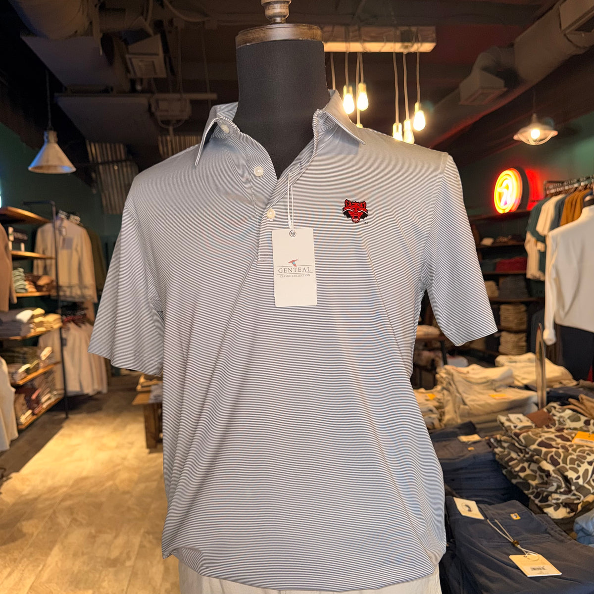 GenTeal Club Pinstripe A-State Mascot Polo (Charcoal)