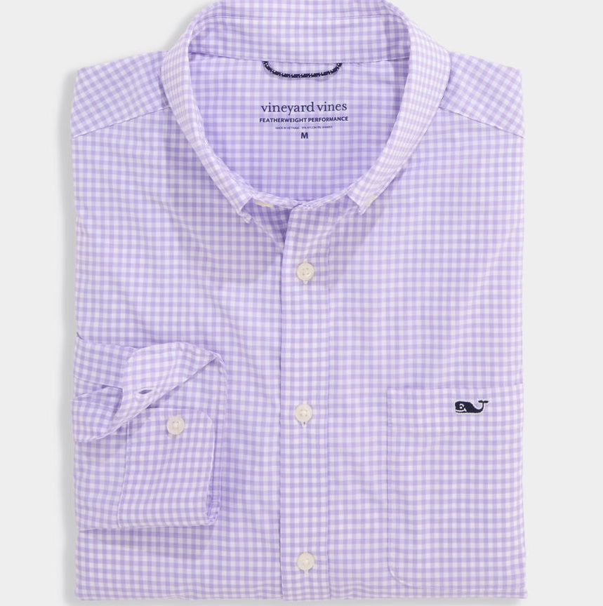 Vineyard Vines Coral Reef Featherweight Performance Gingham Shirt (Lavender Sky)