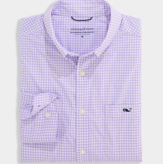 Vineyard Vines Coral Reef Featherweight Performance Gingham Shirt (Lavender Sky)