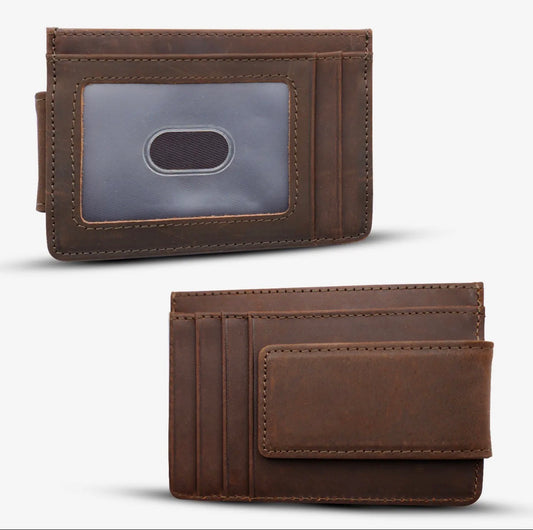Leather Wallet with Magnet Clip- Dark Brown