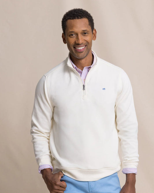 Southern Tide Sandy Cover Pique Quarter Zip- Sand White