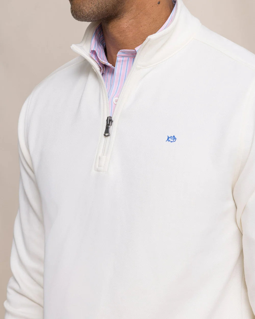 Southern Tide Sandy Cover Pique Quarter Zip- Sand White