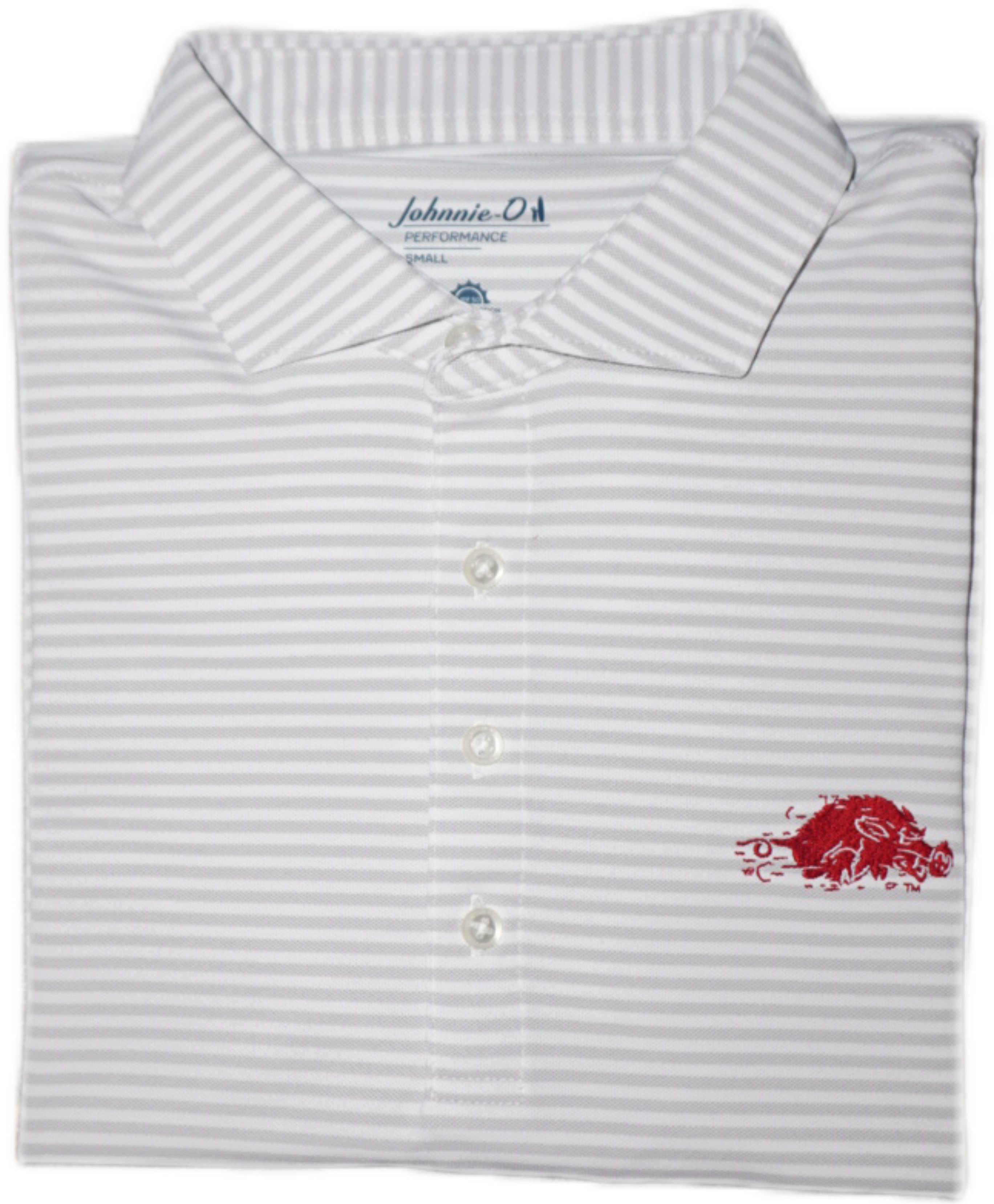 Folded white shirt with red logo on a white background