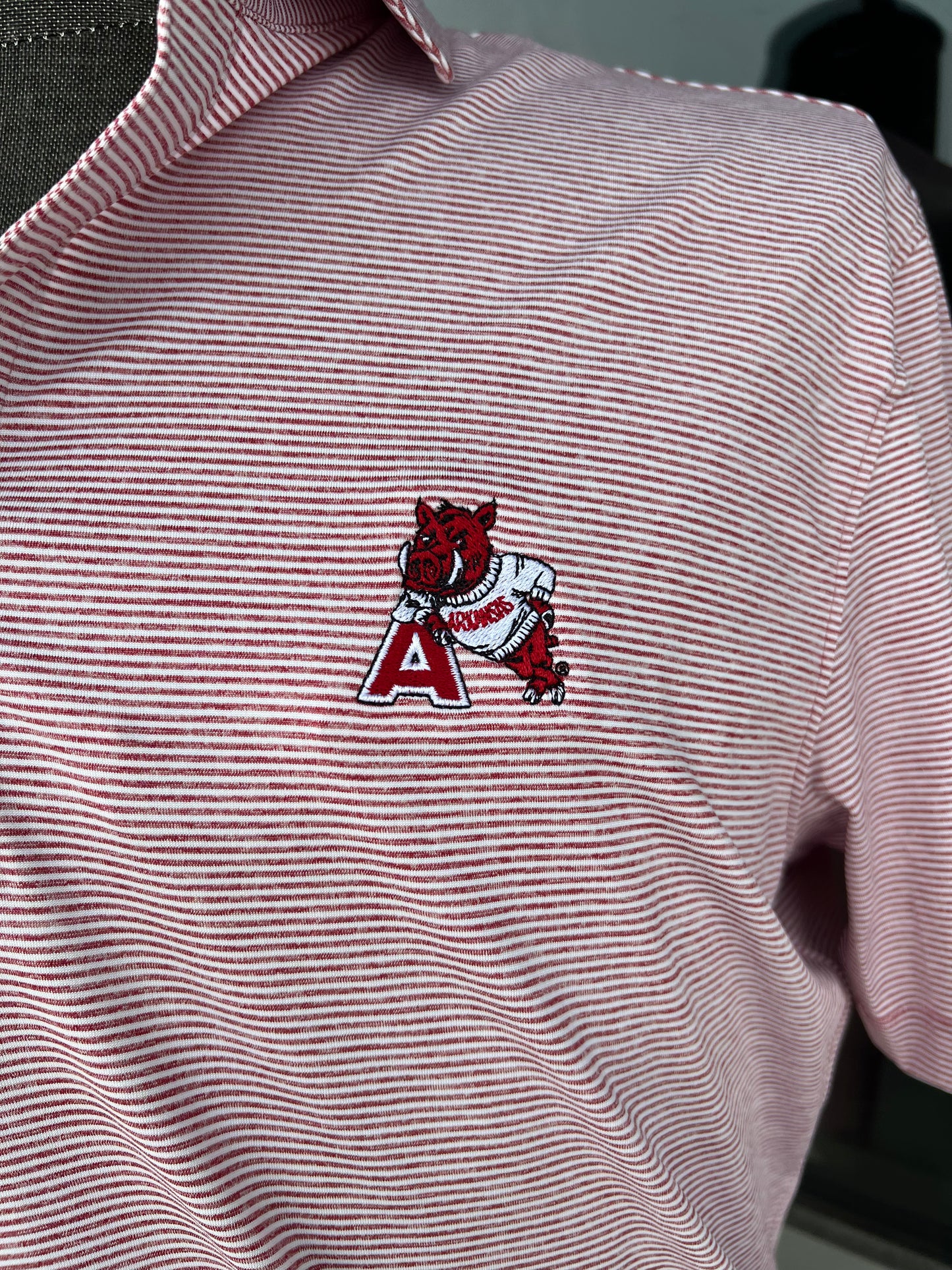 Johnnie-O Arkansas Lyndonn Striped Jersey Performance Polo - 'Hog' Leaning on 'A' Vault Logo