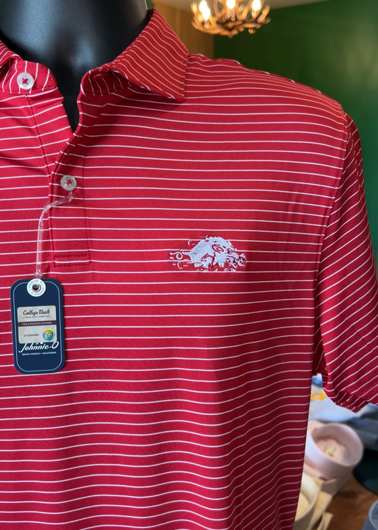 Red striped polo shirt on a mannequin with a visible tag against a blurred indoor background