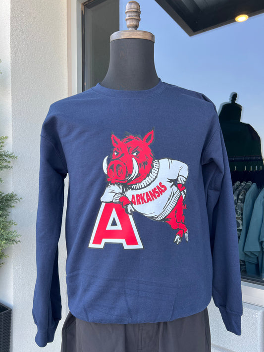 Hog Leaning On "A" Navy Sweater