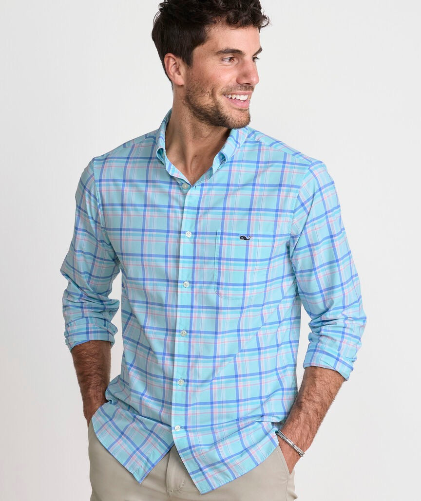 Vineyard Vines Performance Coconut Key Plaid Featherweight Shirt - Sea Splash