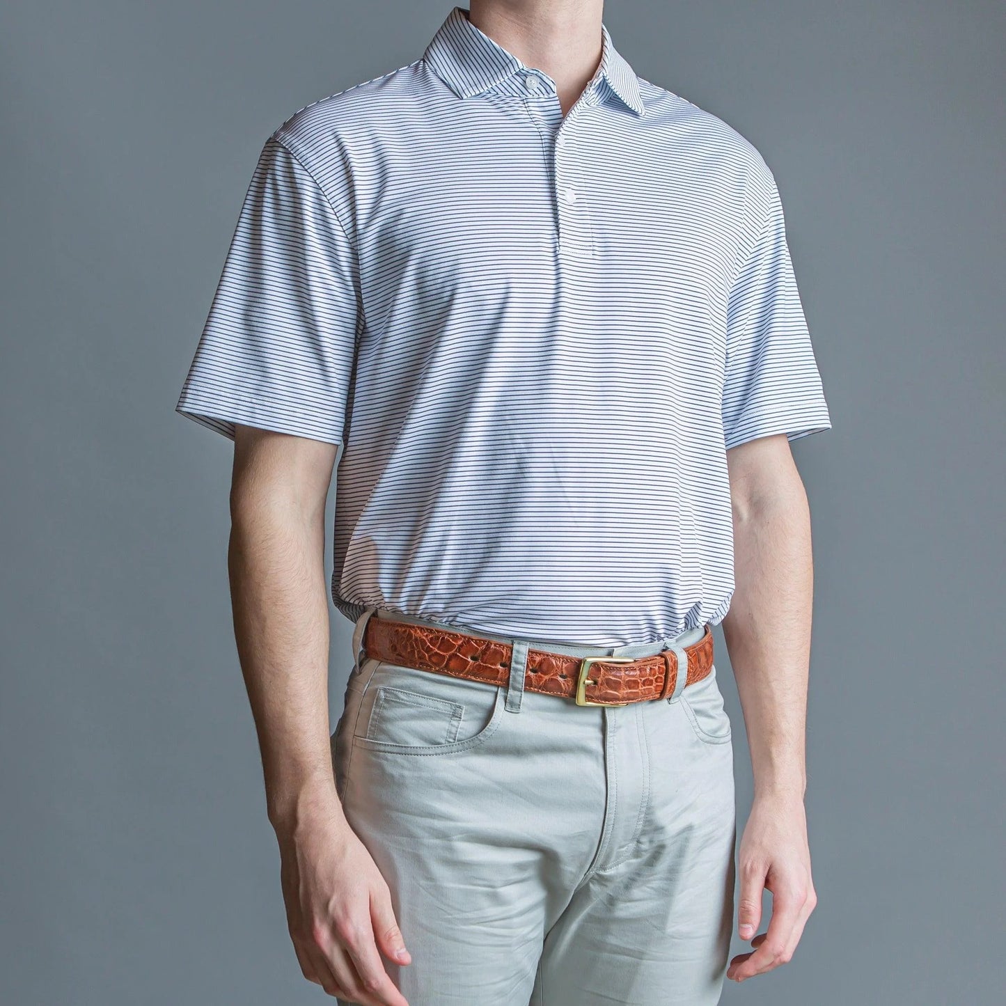 Onward Reserve Birdie Stripe Performance Polo - White/Navy