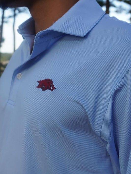 Onward Reserve Sky Hairline Stripe Arkansas Performance Polo