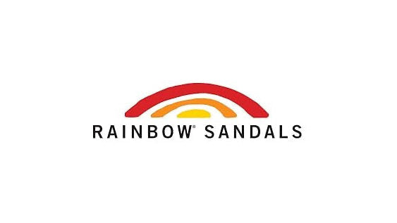 Logo of Rainbow Sandals with a red, yellow, and orange rainbow on a white background