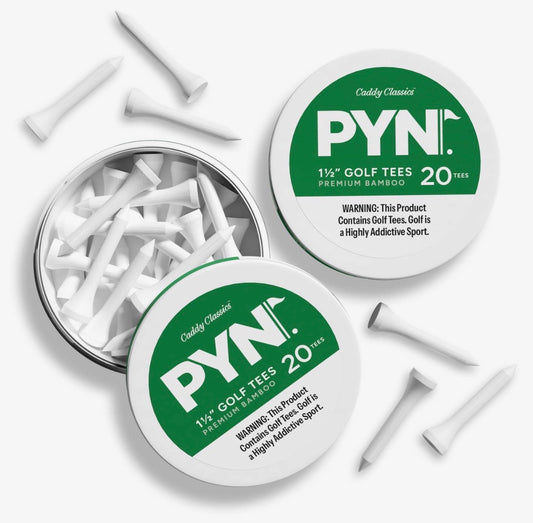 Two open containers of PYN golf tees with scattered tees on a white background