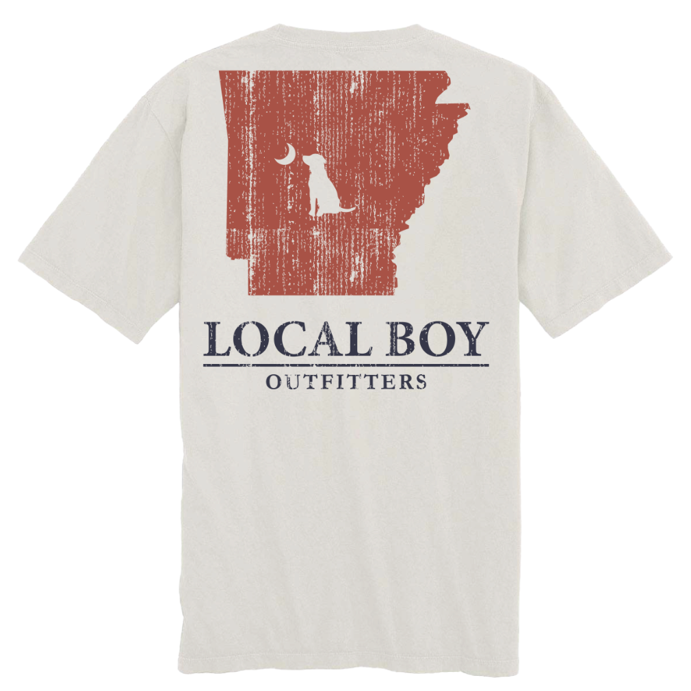 White t-shirt with red graphic and 'LOCAL BOY OUTFITTERS' text on a white background