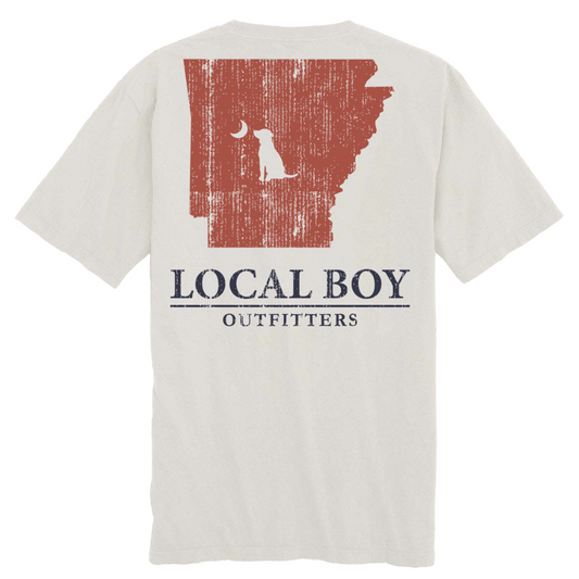 White t-shirt with red graphic and 'LOCAL BOY OUTFITTERS' text on a white background