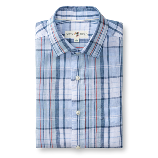 Duck Head Linen Poplin Sport Shirt Bridger Plaid - Serenity Blue