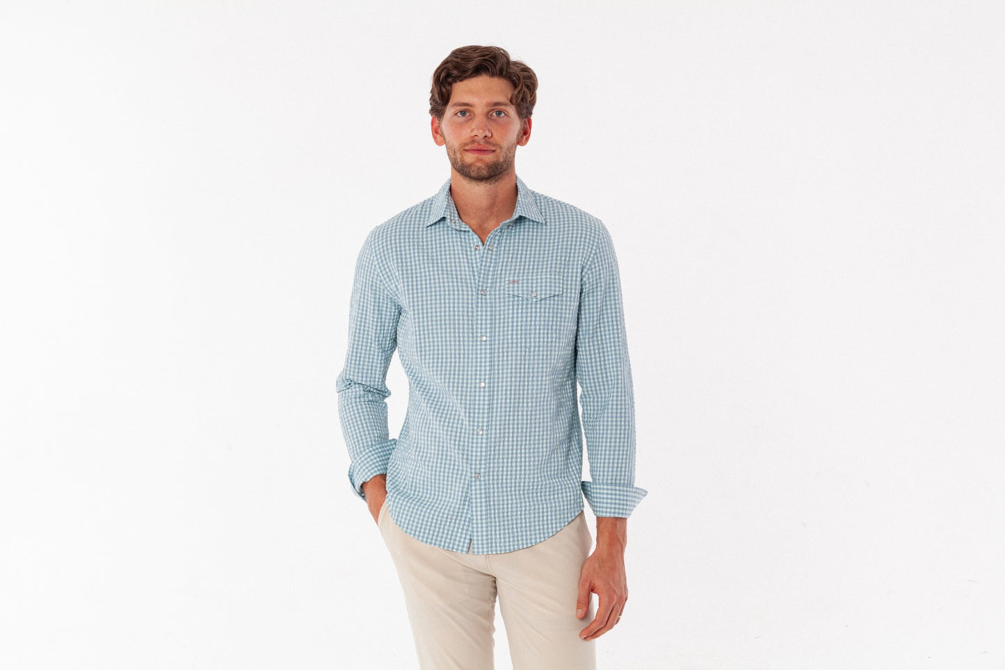 Criquet Seersucker LS Performance Pearl Snap Gingham Seersucker - Blue